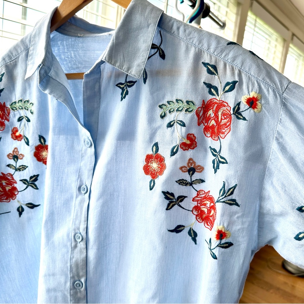 Vintage Chambray Button-Down Shirt with Red Floral Embroidery